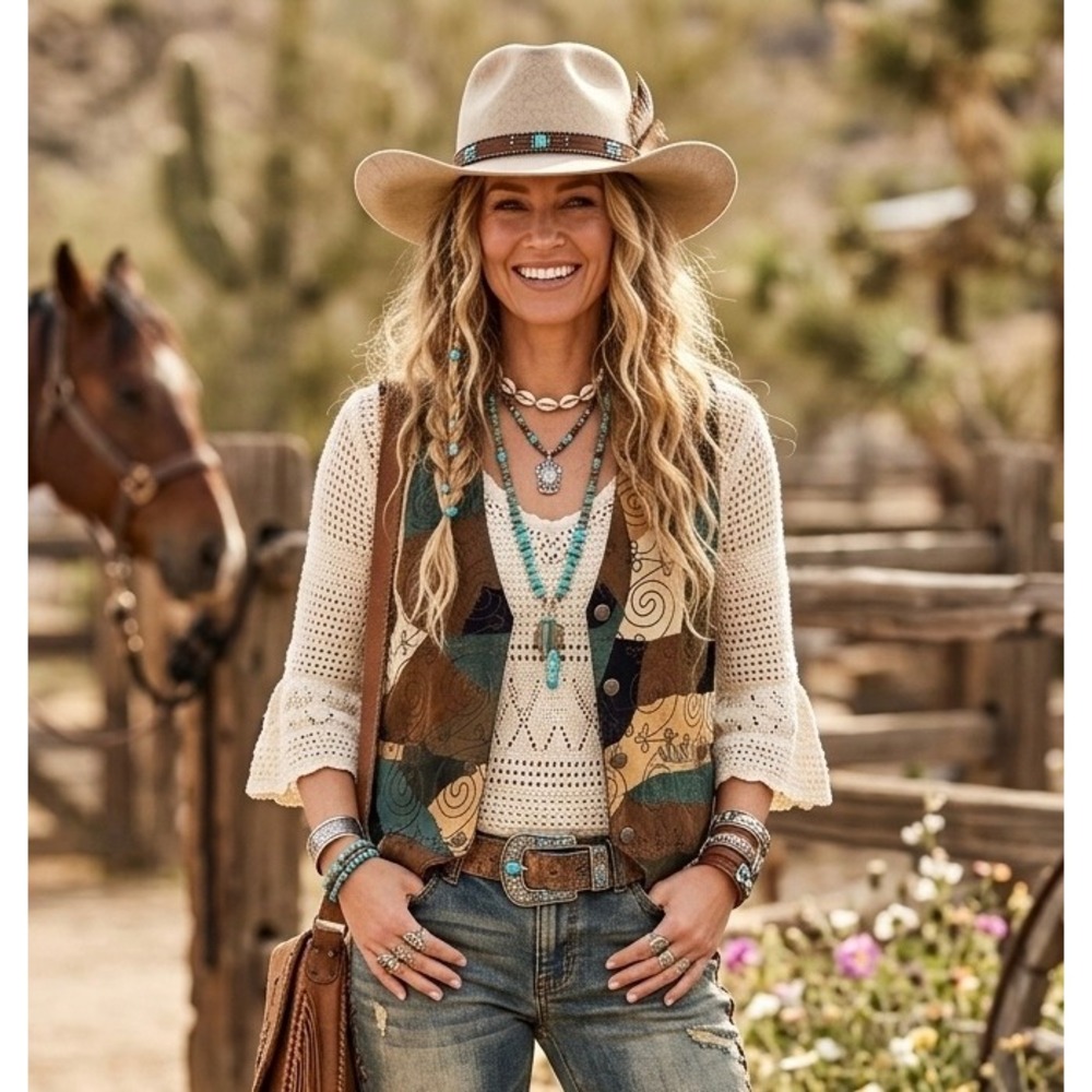 Vintage Y2K Patchwork Leather Vest Womens M Boho Western Embroidered Country
